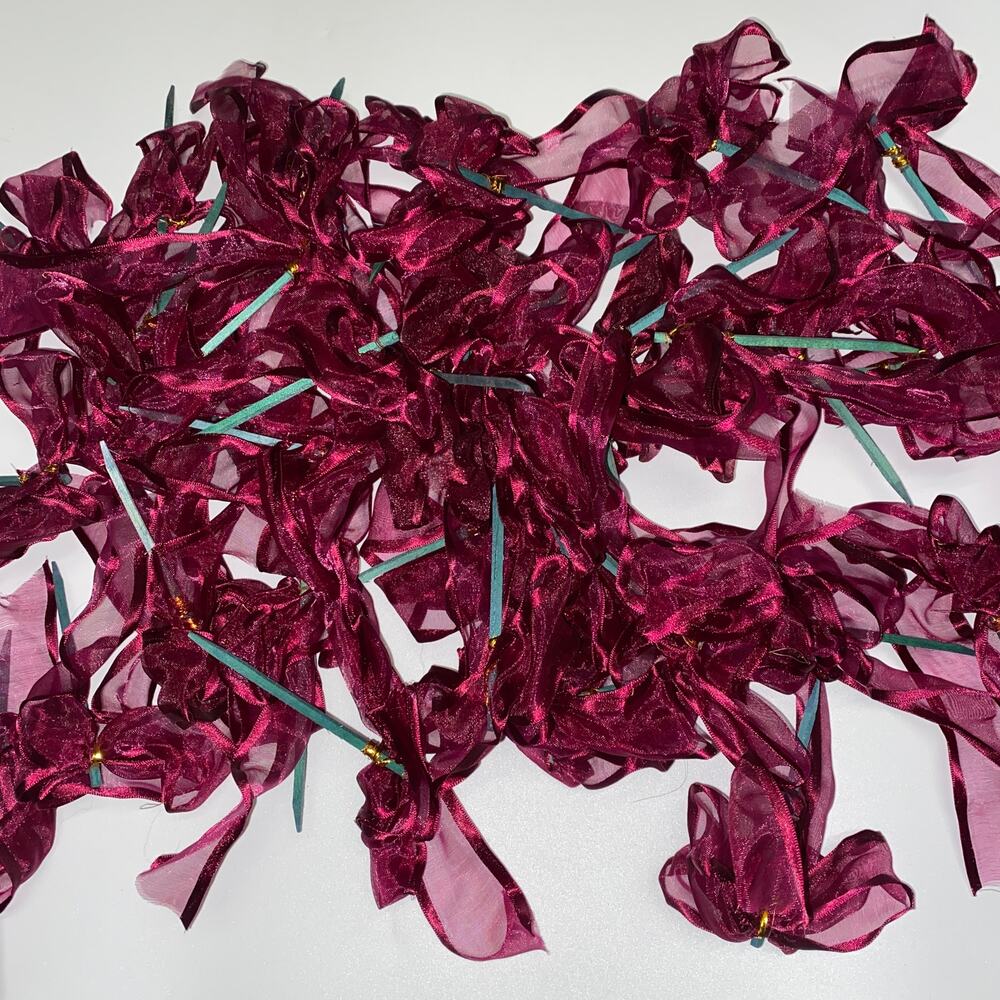 Bundle Set of 90 Burgundy Maroon Sheer Bows w/ Wood Stick Attached Flower Plant